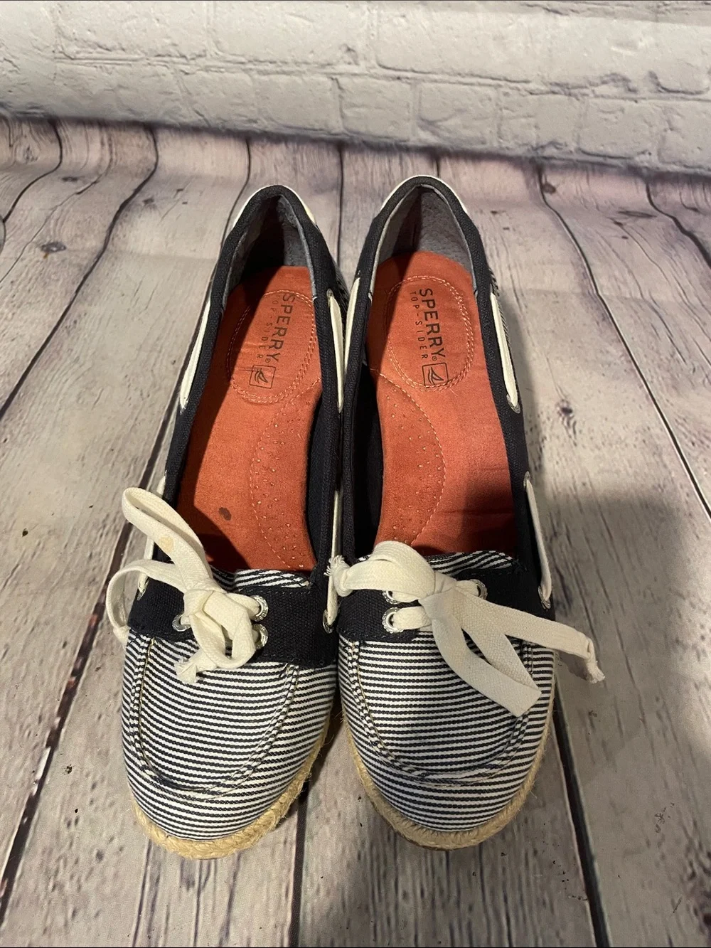 Sperry Black & White Striped Espadrille Wedge Boat Shoes - Women